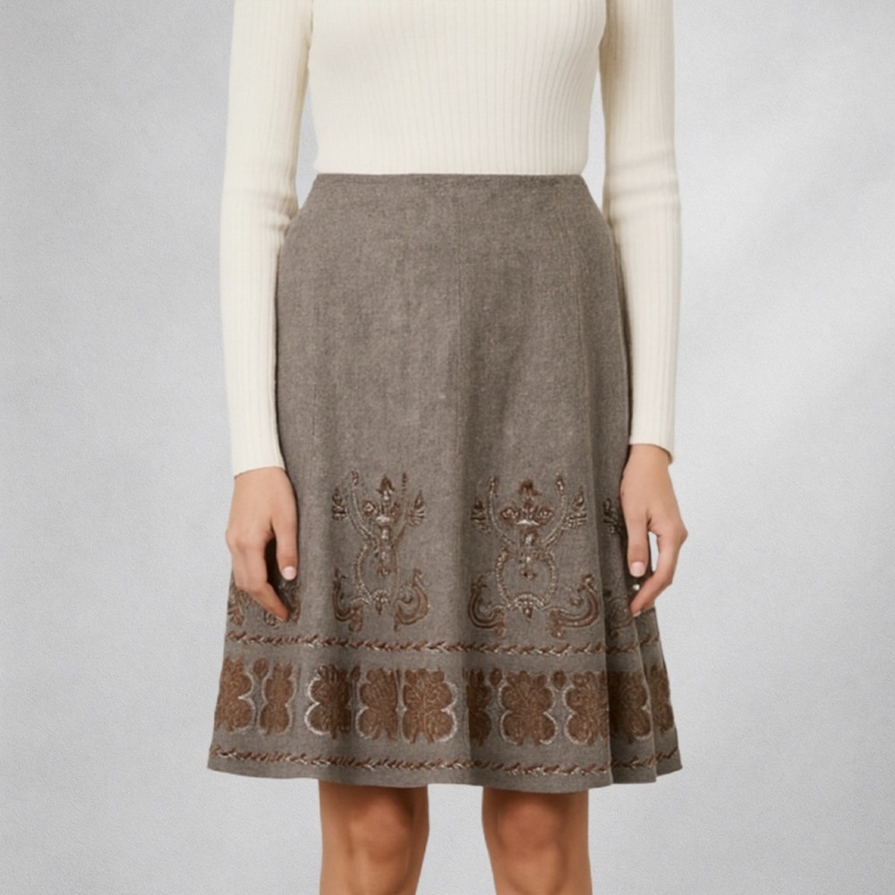 Nygard Collection Skirt 16 Wool Blend A-Line Brown Embroidered Classic Workwear